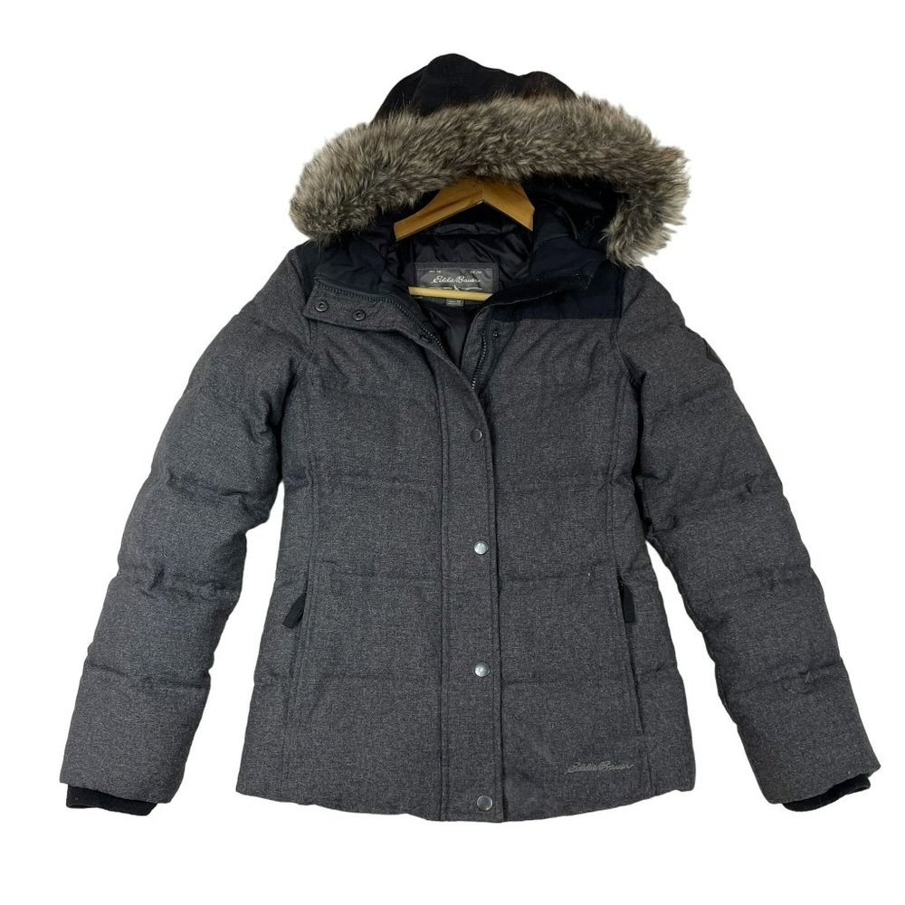 Eddie Bauer Womens Quilted Down Puffer Jacket Size XS Gray Fur Trim Hooded